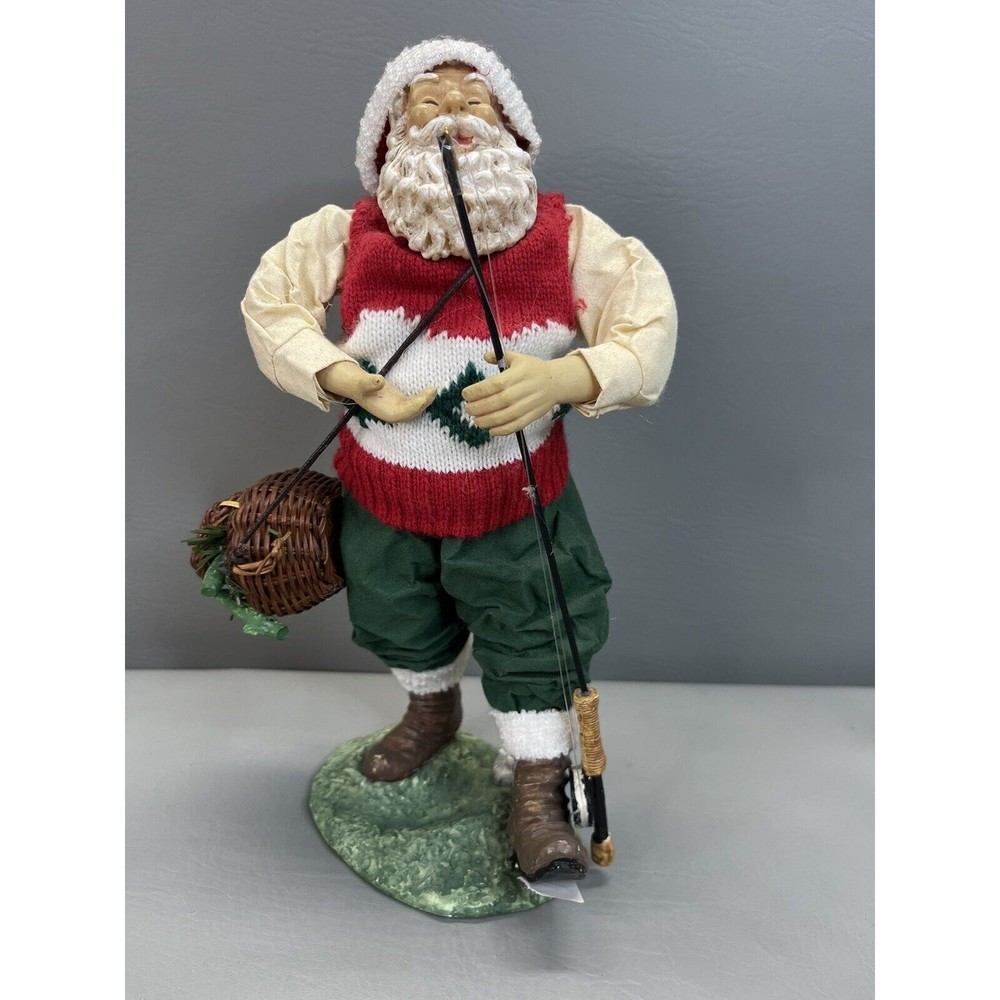 Vintage Fishing Santa Claus w Fishing Pole & Basket Figurine Fabric Mache